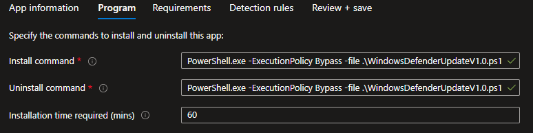 Log file showing Defender update before and after
